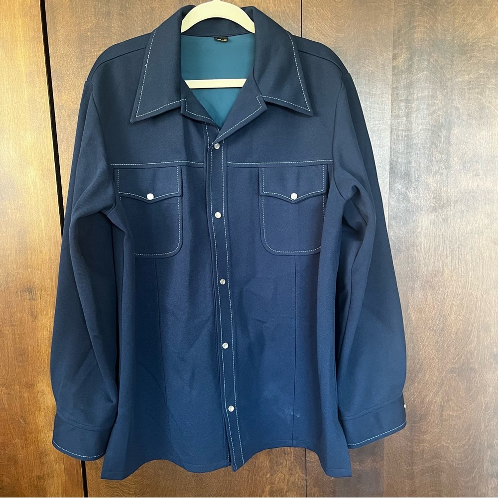 Vintage Farah Leisure suit Jacket Dagger Collar snaps Blue polyester size L-XL